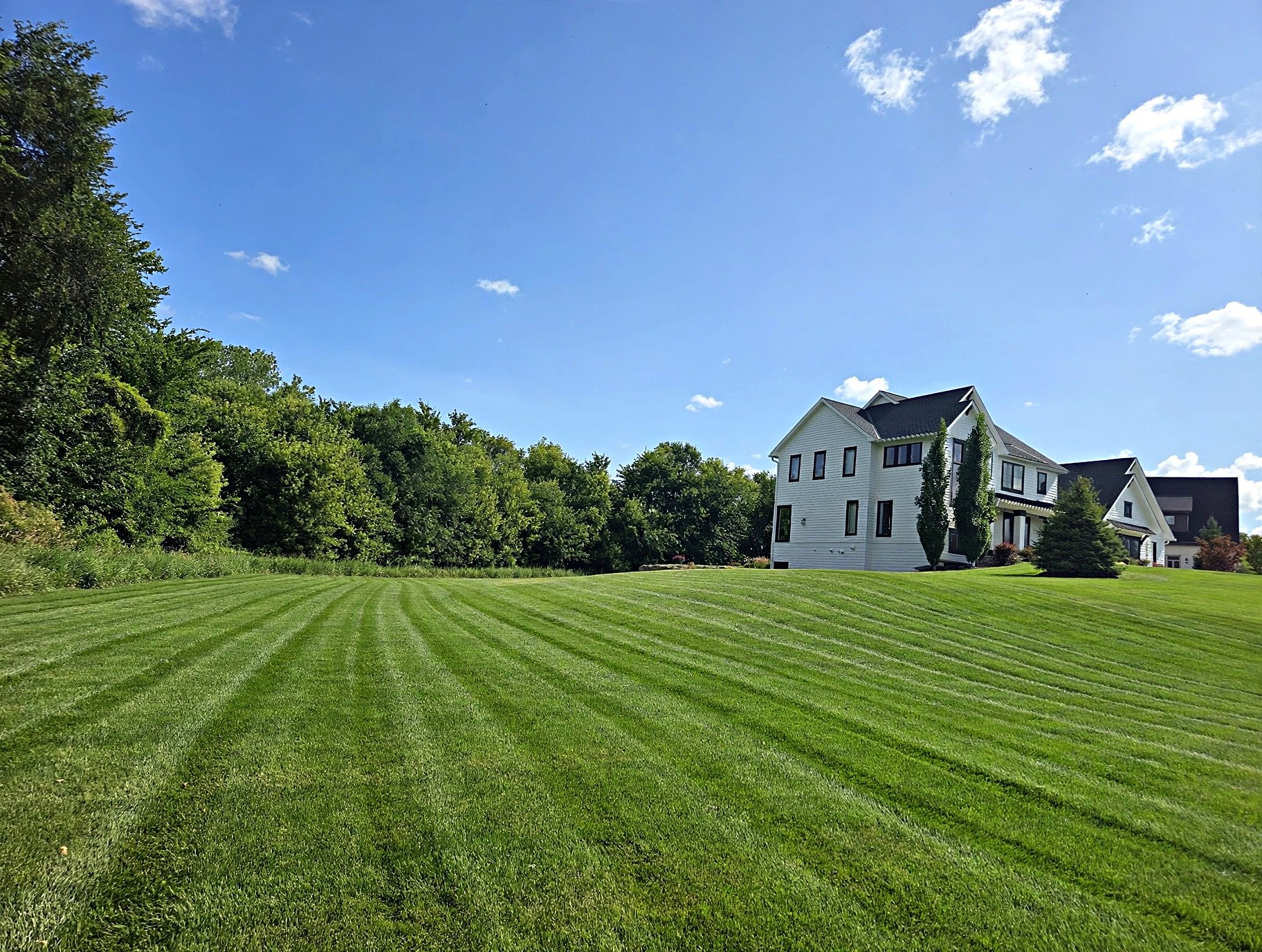 Freshly mowed lawn with clean stripes in front of a Minnesota home